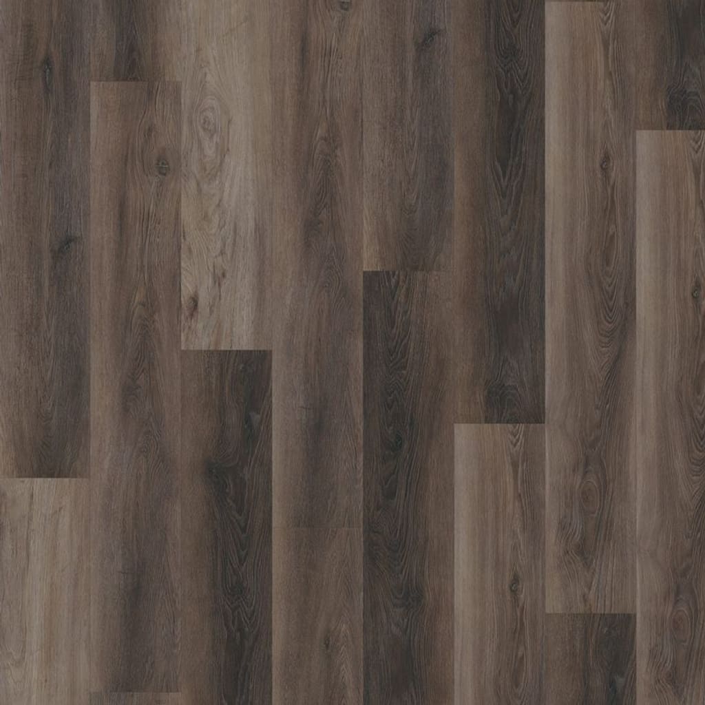 One Flor Workshop 55 Walnut Dark Brown vinyl plank flooring sample showing vertical wood grain pattern