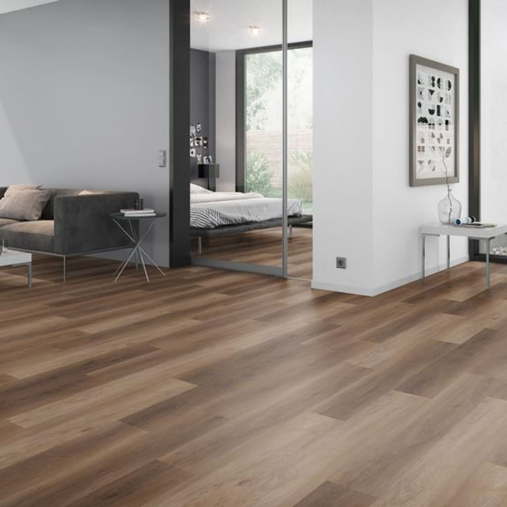 Modern living room and bedroom area featuring Walnut Natural wood effect flooring