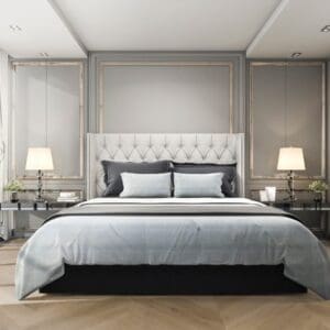 Luxury bedroom featuring Prestige Oak Light Amber Chevron flooring with grey wall panelling