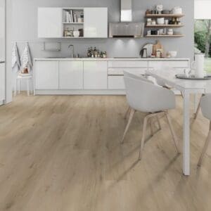 Modern white kitchen featuring Prestige Oak Light Natural flooring