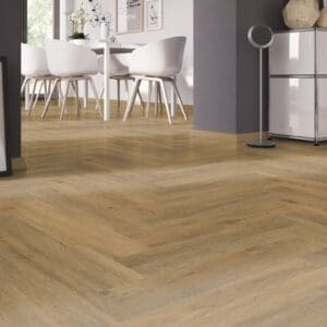 Royal Oak Natural herringbone flooring installed in a modern white dining room setting.