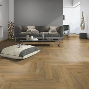 Spacious living room featuring Royal Oak Natural wood effect parquet flooring.