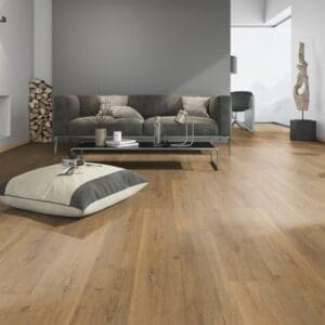 Modern living room featuring Royal Oak Natural flooring with grey walls and contemporary furniture