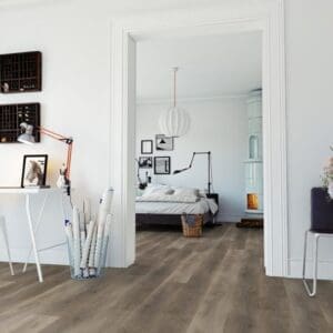 Traditional Oak Natural Light flooring installed in a modern white bedroom and home office