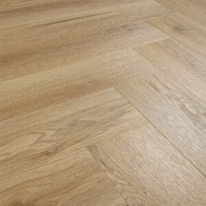Angled perspective of the Weathered Cedar herringbone flooring installation