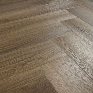Angled view of the Antique Walnut herringbone flooring installation