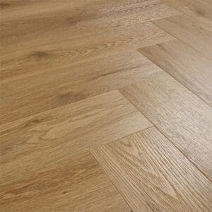 Angled view of installed Brushed Oak herringbone flooring