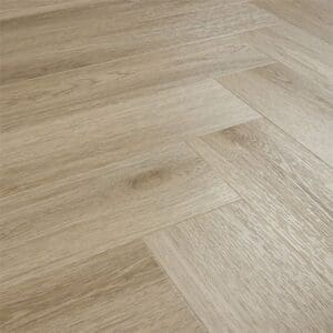 Angled view of the Smoky Oak herringbone flooring installation