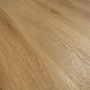 Angled perspective of installed Eminence Click Brushed Oak flooring showing surface sheen