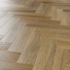 Angled perspective of installed Abingdon Mosaic Chestnut flooring