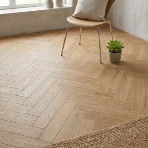Devonshire Oak Parquet engineered oak flooring detailed view - photorealistic room shot