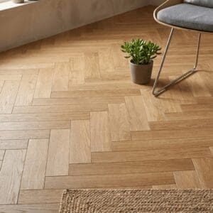 Glencoe Oak Parquet engineered oak flooring detailed view - photorealistic room shot