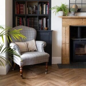 Mulberry Parquet flooring in a modern kitchen with a white island