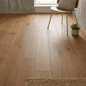 Inverlochy Oak engineered oak flooring detailed view - photorealistic room shot