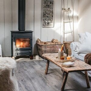 Wide view of Marine Plank flooring in a bright modern rustic lounge