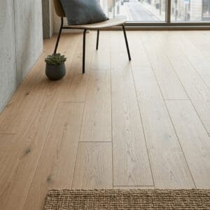 Nevis Oak engineered oak flooring detailed view - photorealistic room shot