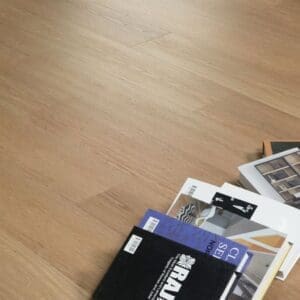 Close up of American Oak flooring with books resting on the surface