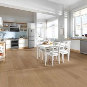 Modern bright kitchen featuring American Oak wood effect flooring