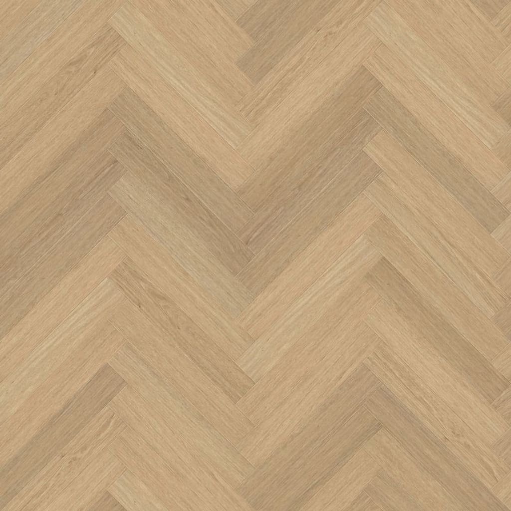 Overhead view of Austrian Larch herringbone luxury vinyl flooring showing honey wood tones