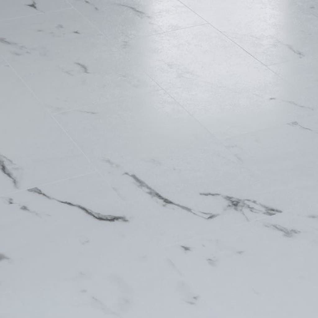 Angled perspective of white marble effect vinyl tiles with soft light reflection