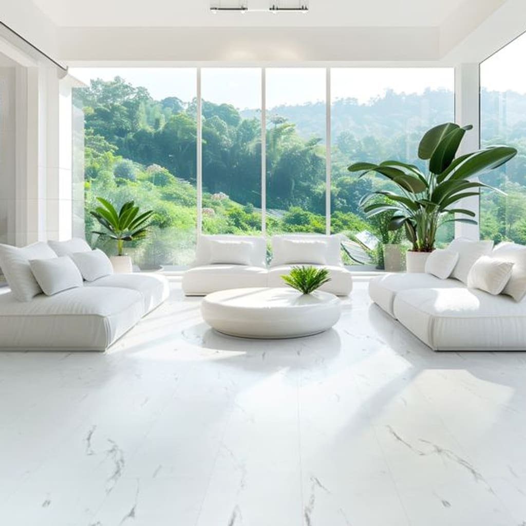 Modern bright living room featuring white marble effect flooring and large windows