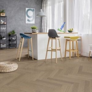 Modern kitchen interior featuring Nordikka Naturals Maple Chestnut herringbone flooring