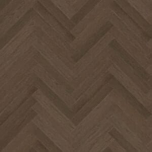 Top down view of Roasted Walnut herringbone luxury vinyl flooring showing dark wood grain pattern