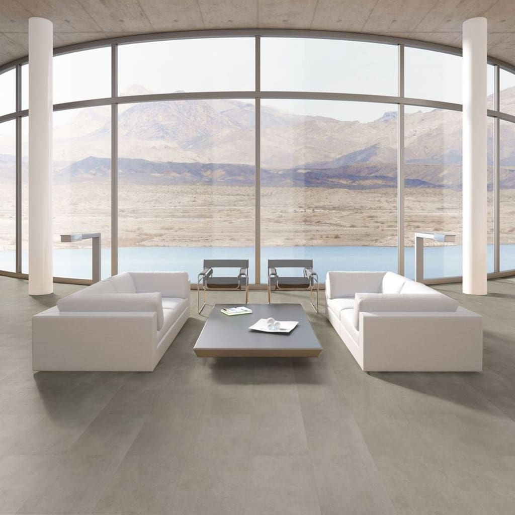 Modern living space with large windows featuring Nordikka Naturals Sandstone flooring