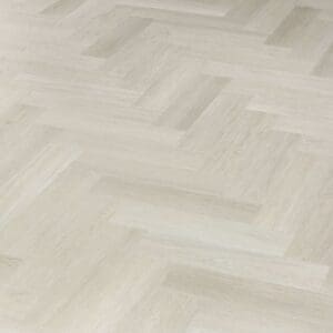 Angled perspective of installed Pale Birch herringbone tiles