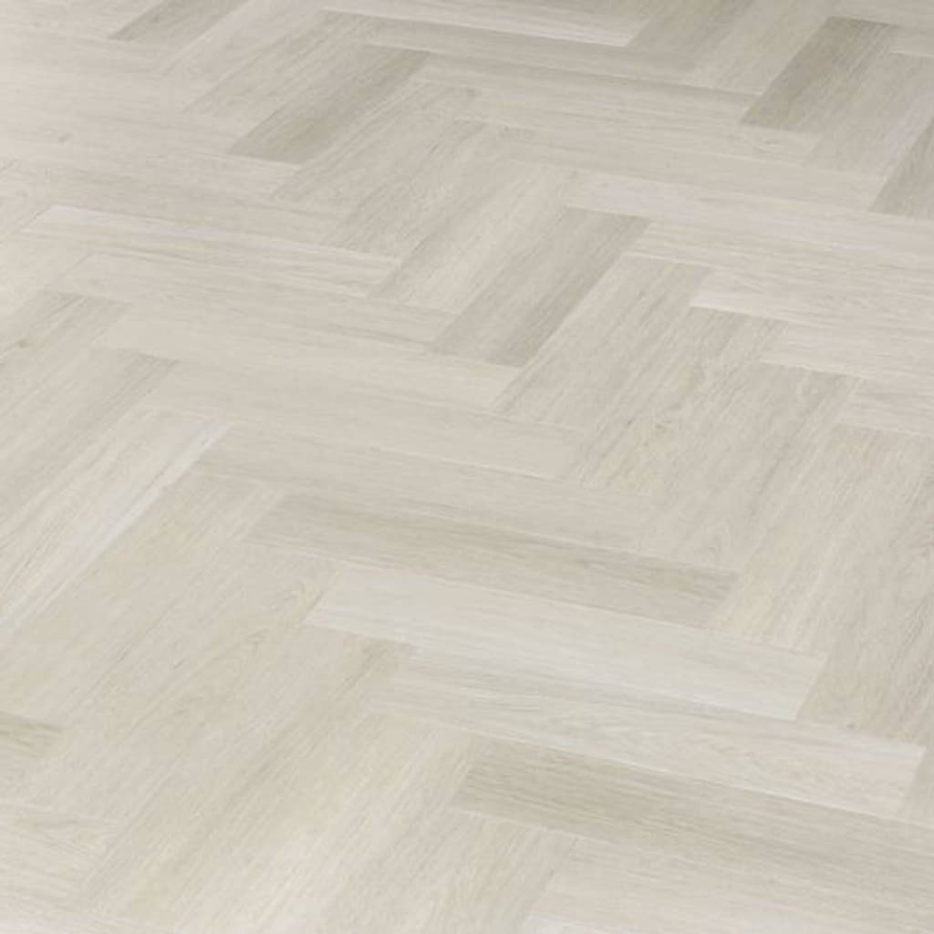 Angled perspective of installed Pale Birch herringbone tiles