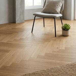 Skye Oak Parquet engineered oak flooring detailed view - photorealistic room shot